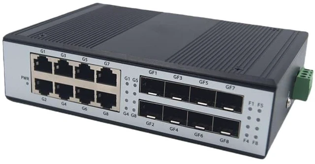 Main image of The 8F8E Industrial Fiber Optic Switch Features 8 SFP Optical transceivers, 8-Port Gigabit Ethernet, and Supports Stacking.