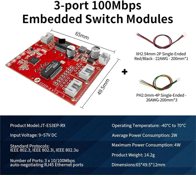 Alt view image 2 of 6 - 3/5-Port 10/100Mbps Fast Ethernet Embedded Switch PCBA Board LAN Module(JT-ES3EP-RX)
