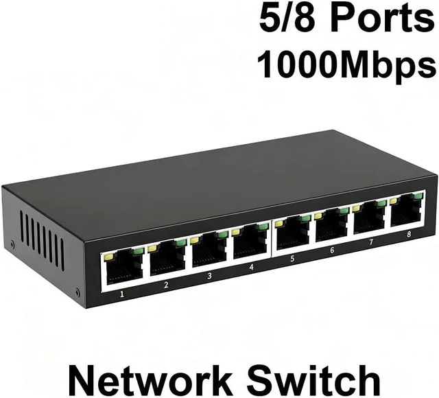 Alt view image 3 of 6 - Gigabit Network Switch 5 8 Ports 1000Mbps Networking Switcher RJ45(8 Metal Black Cable)