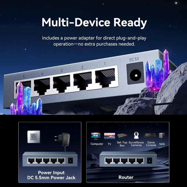 Alt view image 6 of 7 - 5 Port 1000Mbps Gigabit RJ45 Ethernet Switch