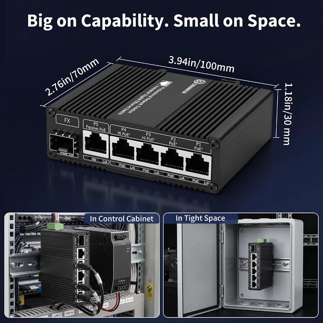 Alt view image 7 of 7 - Industrial 5-Port Gigabit PoE Switch with 1 Gigabit SFP Uplink