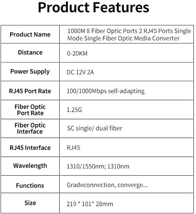 Alt view image 6 of 7 - 100/1000M Gigabit Ethernet Fiber Switch 8*1.25G Fiber Port 2 RJ45 Port(1 pcs Simplex 8F-2E)