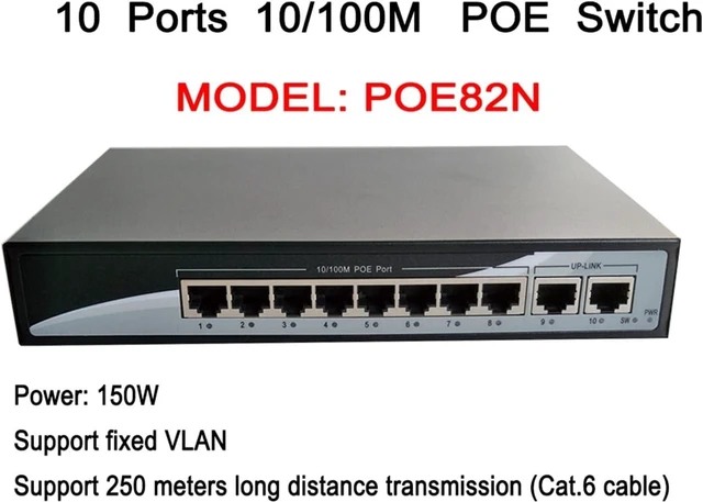 Alt view image 2 of 6 - Full Fast Ethernet 8CH POE Switch 10/100M 250m Long Distance 150W DC 2 LAN RJ45 Uplink Ports Widely Adapted