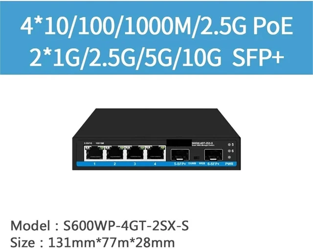 Alt view image 2 of 5 - Web Managed 4 Port 2.5Gbps RJ45 Switch with 2x10G SFP+ 10Gbps(with PoE)