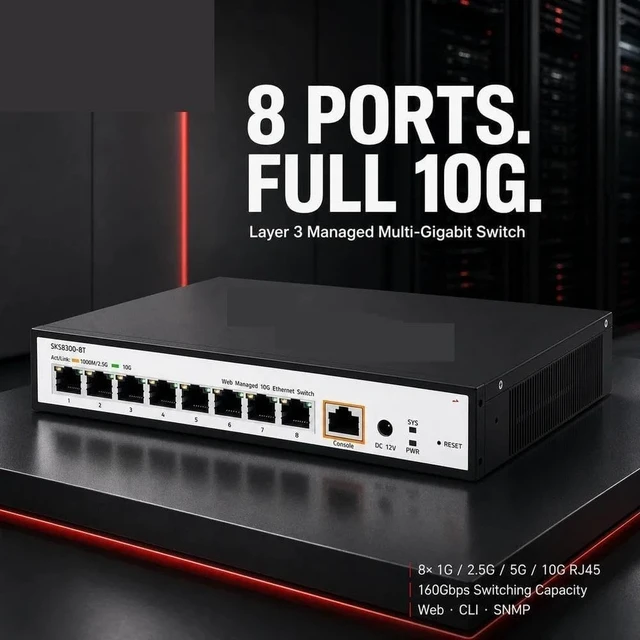 Alt view image 2 of 7 - SKS8300-8T 8-Port 10G RJ45 Layer 3 Managed Ethernet Switch 160Gbps SNMP
