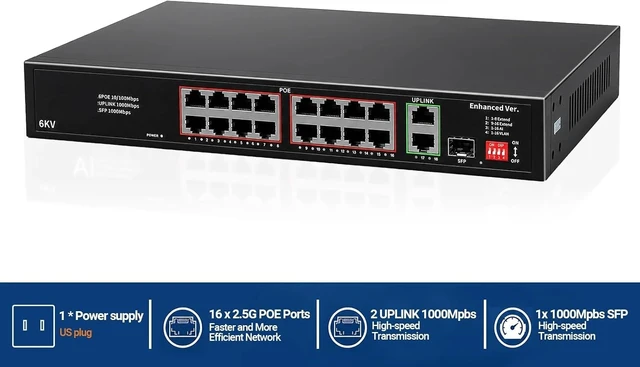 Alt view image 3 of 7 - 16-Port POE Switch 2 RJ45 1 SFP Port igabit 250m VLAN/AI 6KV