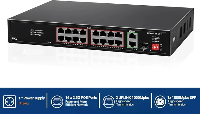 Alt view image 2 of 7 - 16-Port POE Switch 2 RJ45 1 SFP Port igabit 250m VLAN/AI 6KV
