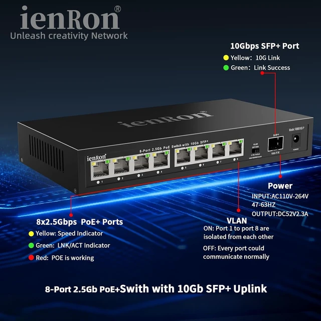 Alt view image 3 of 7 - 2.5Gb PoE+ Switch 8 Port with 1*10Gb SFP+ Uplink, IEEE802.3 AF