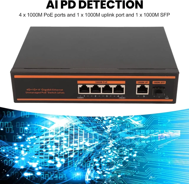 Alt view image 2 of 7 - 5 Port PoE Switch, 4 X 1000M PoE Ports and 1 X 1000M Uplink Port, 802.3Af/at Compliant, VLAN Mode Noiseless, US Plug