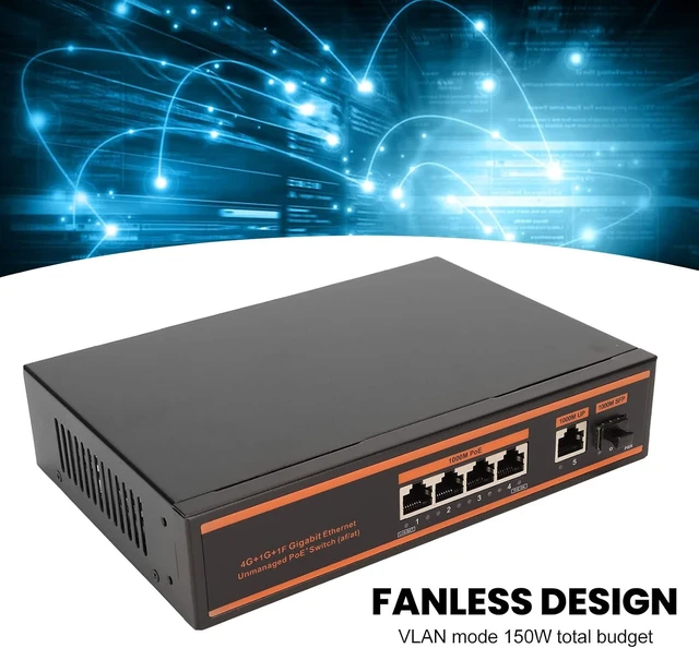Alt view image 4 of 7 - 5 Port PoE Switch, 4 X 1000M PoE Ports and 1 X 1000M Uplink Port, 802.3Af/at Compliant, VLAN Mode Noiseless, US Plug