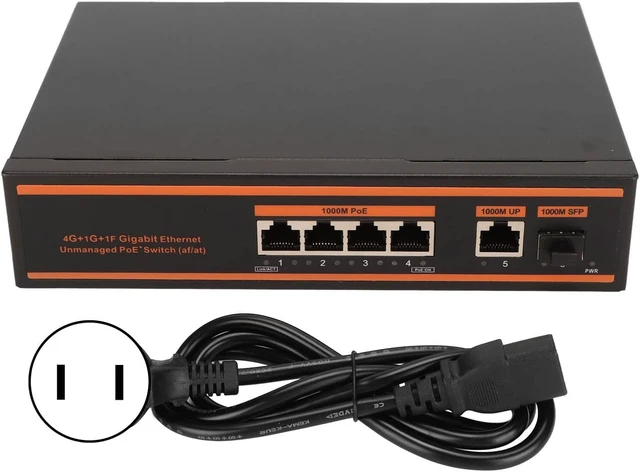 Alt view image 7 of 7 - 5 Port PoE Switch, 4 X 1000M PoE Ports and 1 X 1000M Uplink Port, 802.3Af/at Compliant, VLAN Mode Noiseless, US Plug