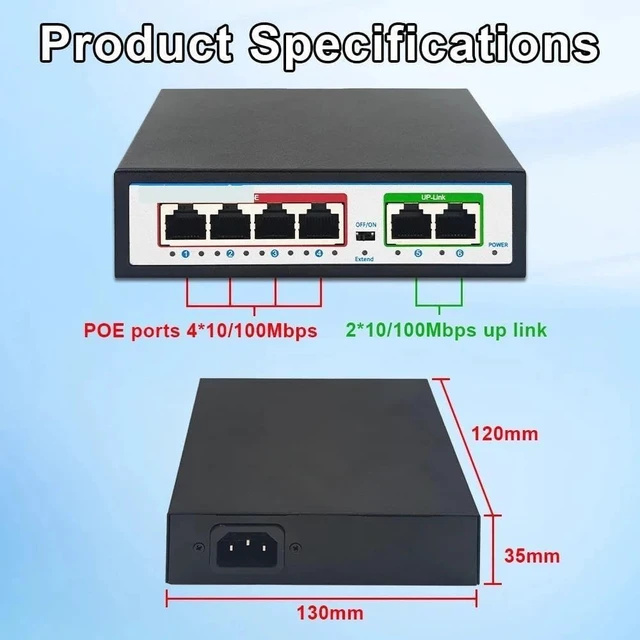 Alt view image 6 of 6 - POE Switch 52V 10/100Mbps 4 Port Ethernet Network Switches