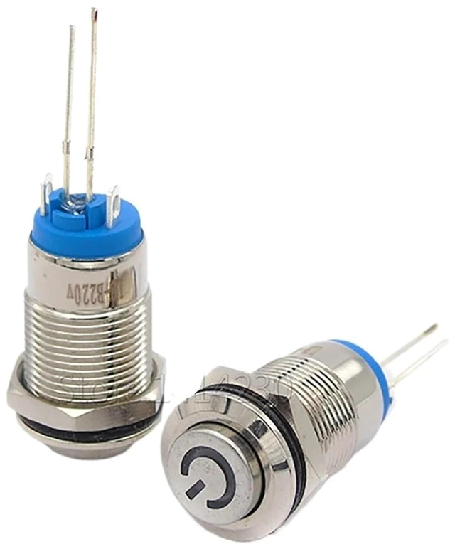 Main image of 10Pcs 12mm 2Pin Metal Self-Locking Button Switch Blue LED Waterproof Small Switch with Resistor 220V