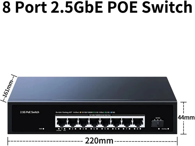 Alt view image 2 of 7 - 2.5G PoE Switch 8 Port 2.5GBASE-T with 10G SFP+ Slot 100W for 6e AP,Homelab,VoIP Phone,Surveillance,POE Camera