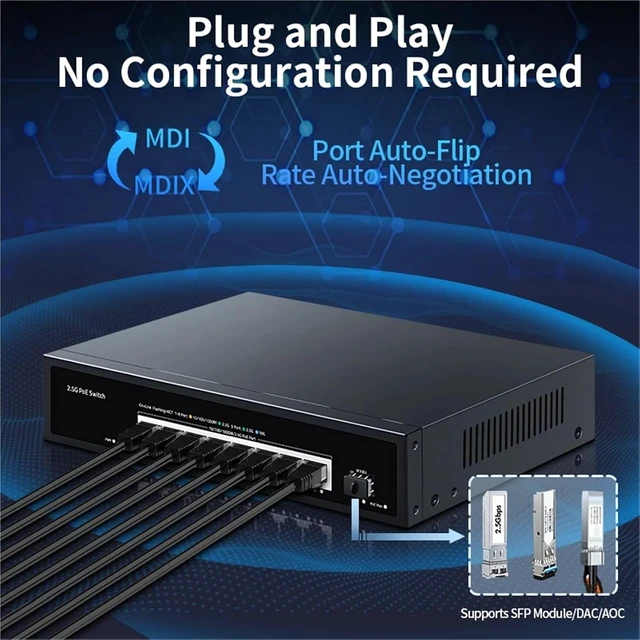 Alt view image 5 of 7 - 2.5G PoE Switch 8 Port 2.5GBASE-T with 10G SFP+ Slot 100W for 6e AP,Homelab,VoIP Phone,Surveillance,POE Camera
