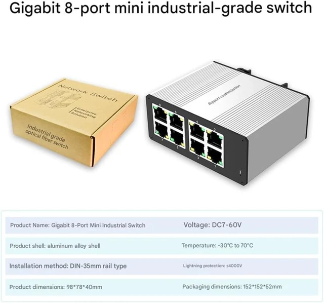 Alt view image 7 of 7 - Fast Speed 8 Port Miniature Industrial Gigabit Switches Aluminum Build for and Narrow Areas