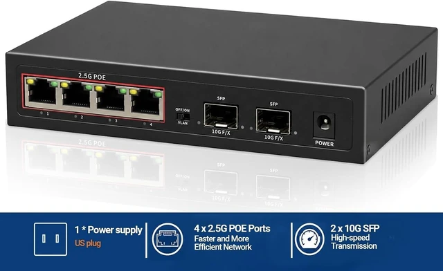 Alt view image 3 of 7 - 6-Port POE Ethernet Switch with 4 Port 2.5G and 2 Port 10G SFP