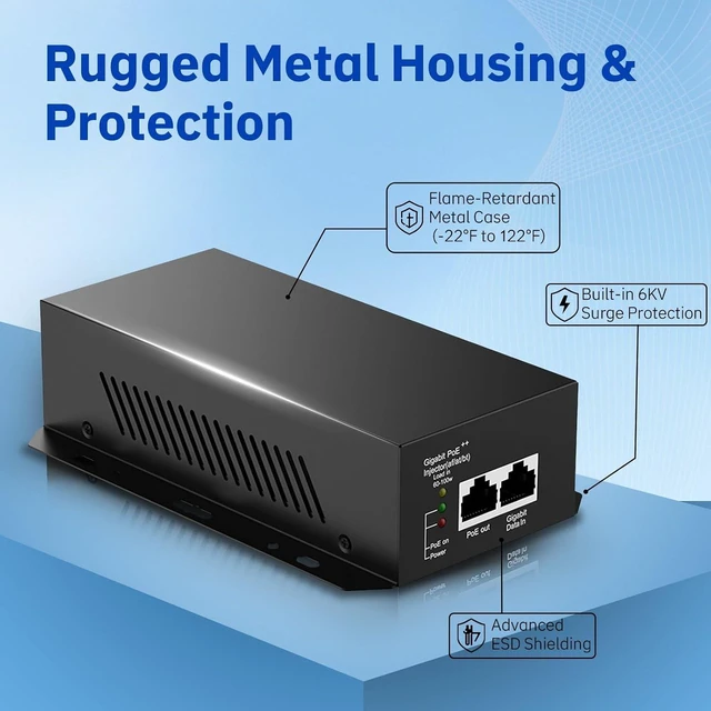 Alt view image 3 of 7 - 90W Gigabit PoE++ Injector, 802.3bt/at/af High Power Over Ethernet Adapter