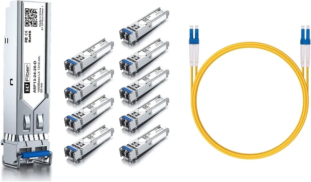 Main image of 10 Pack 1Gb Singlemode Module with 1m OS2 LC to LC Fiber Cable, 1000BASE-LX/LH Compatible for Cisco GLC-LH-SMD, Meraki, Ubiquiti,Mikrotik, Intel, Netgear,D-Link and More