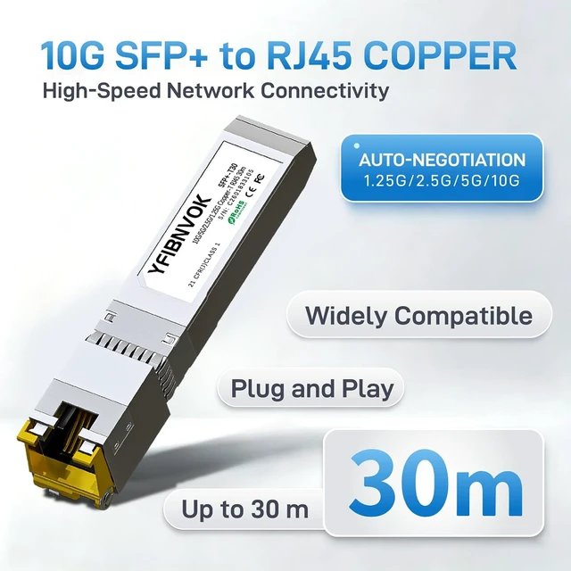 Alt view image 2 of 6 - 10G SFP+ to RJ45 Transceiver, 1.25/2.5G/5G/10G Auto-Negotiation Copper Module