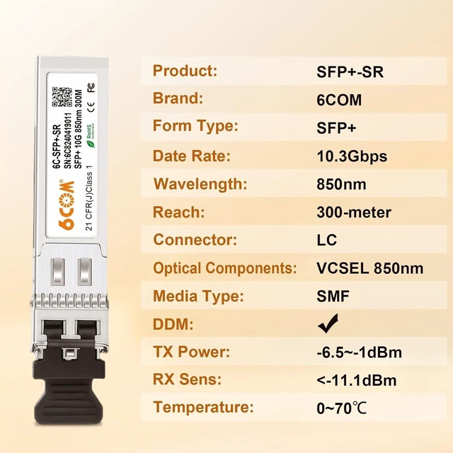 Alt view image 3 of 7 - 10Pack 10GBase-SR SFP+ Transceiver, 10G Dual LC MuiltiMode Module for Cisco SFP-10G-SR, Meraki MA-SFP-10GB-SR, Ubiquiti UF-MM-10G, Mikrotik, Supermicro and More (DDM, 850nm, 300m)