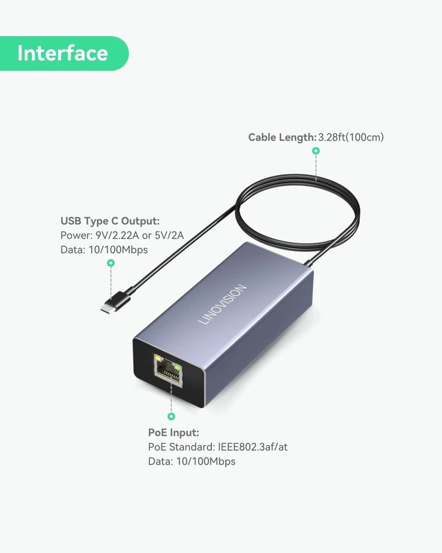 Alt view image 2 of 7 - LINOVISION PoE to USB-C Converter, Charging & Data 10/100Mbps, 802.3af/at