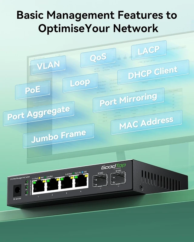 Alt view image 4 of 7 - 2.5Gb PoE++ Switch Managed, 4 x 2.5G 90W PoE + 2 x 10G SFP+, 105W Budget