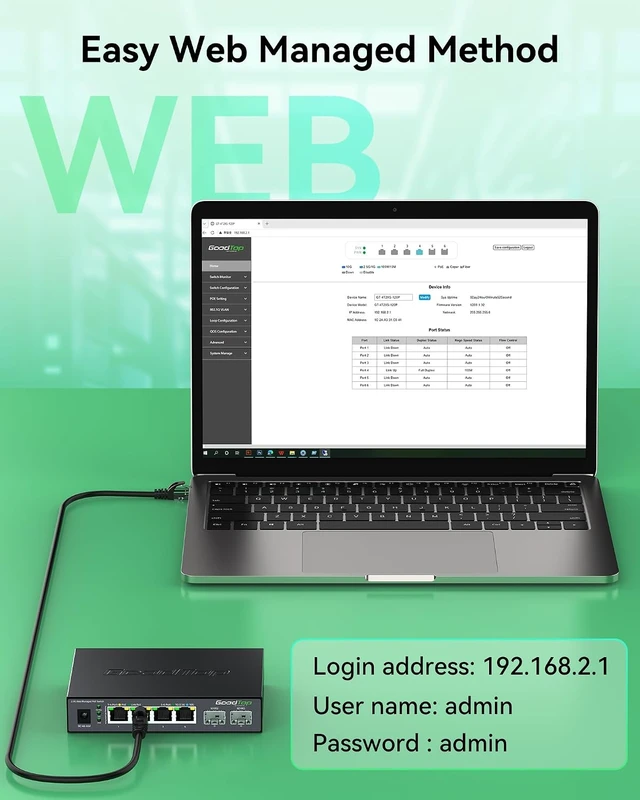 Alt view image 6 of 7 - 2.5Gb PoE++ Switch Managed, 4 x 2.5G 90W PoE + 2 x 10G SFP+, 105W Budget