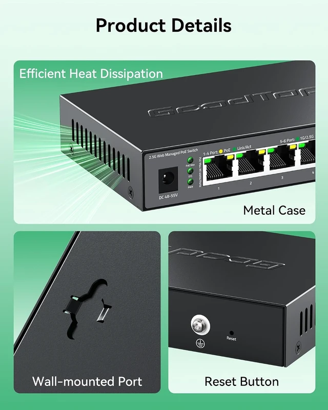 Alt view image 7 of 7 - 2.5Gb PoE++ Switch Managed, 4 x 2.5G 90W PoE + 2 x 10G SFP+, 105W Budget