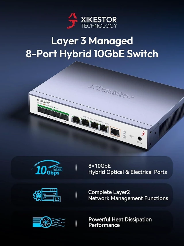Alt view image 2 of 7 - 10G Managed Switch, 8-Port Multi-Gigabit Layer 3 Switch with 4×10G RJ45 + 4×10G SFP+ Ports, 1G/2.5G/5G/10G Ethernet, 160Gbps Switching Capacity, VLAN, LACP, ACL, Web/CLI/SNMP/Telnet/SSH