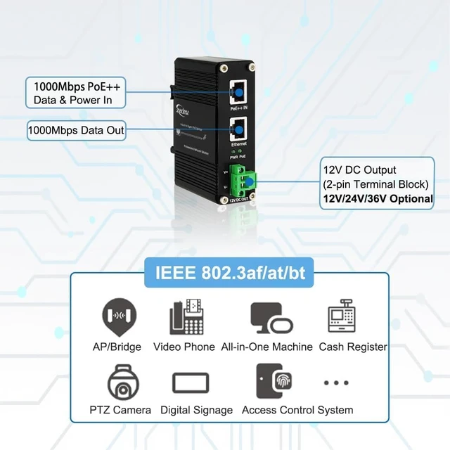 Alt view image 3 of 7 - IEEE802.3at/af/bt 12VDC 1000Mbps Industrial 95W PoE++ Splitter
