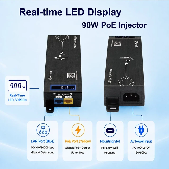 Alt view image 3 of 7 - 90W IEEE802.3bt Gigabit PoE Injector with AI Smart LED Display