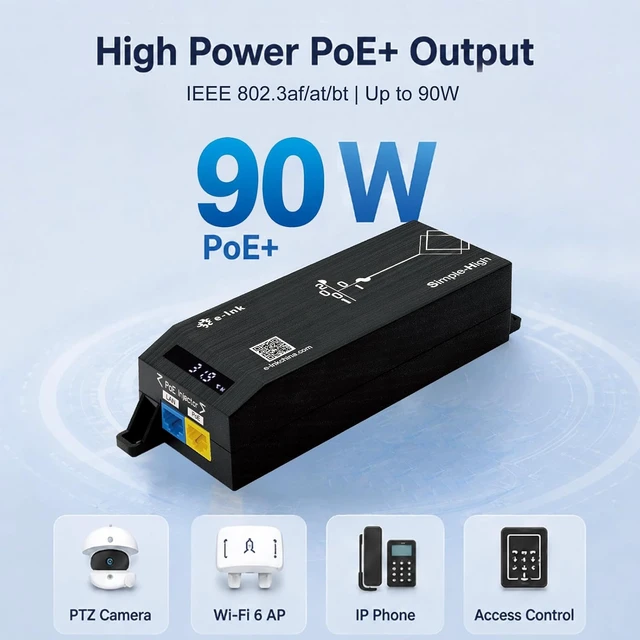 Alt view image 5 of 7 - 90W IEEE802.3bt Gigabit PoE Injector with AI Smart LED Display