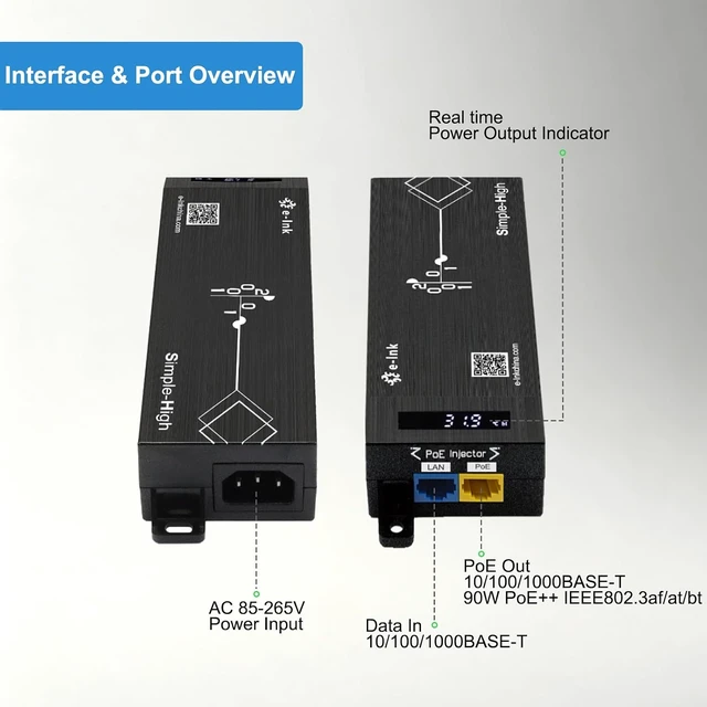 Alt view image 2 of 6 - 1×1000M RJ45 IEEE802.3bt 90W AI Smart PoE++ Injector,LED Display&-10°C~60°C