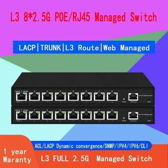 Main image of 8 Ports 2.5Gbe POE or RJ45 L3 Managed Switch, 10M/100M/1G/2.5G Adaptive