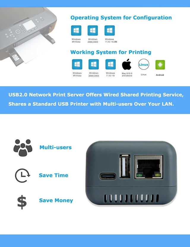 Alt view image 2 of 7 - Mini USB Network Print Server - Share USB Printer with Multiple Devices - Easy Setup, Compatible with Windows, Mac, Linux, Android