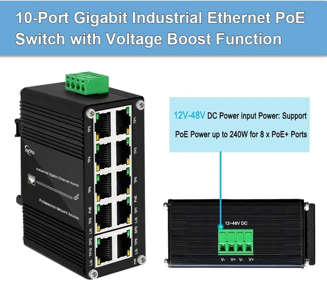 Alt view image 3 of 7 - Industrial 8-Port RJ45 IEEE802.3af/at Gigabit PoE Switch