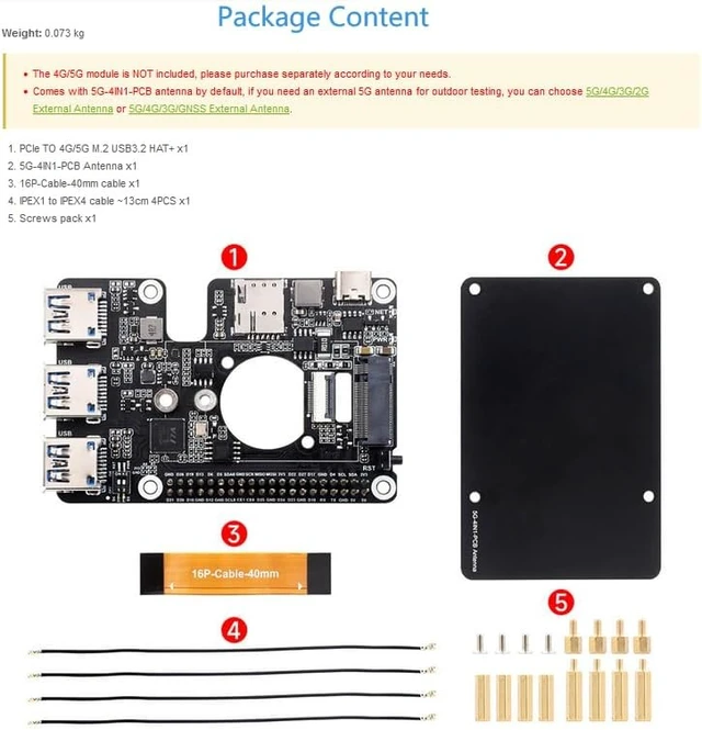 Alt view image 2 of 7 - PCIe to M.2 4G/5G and USB 3.2 HAT+ for Raspberry Pi 5, Compatible with SIMCom/Quectel 4G/5G Modules, Includes 5G-4IN1-PCB Antenna, High-speed Networking