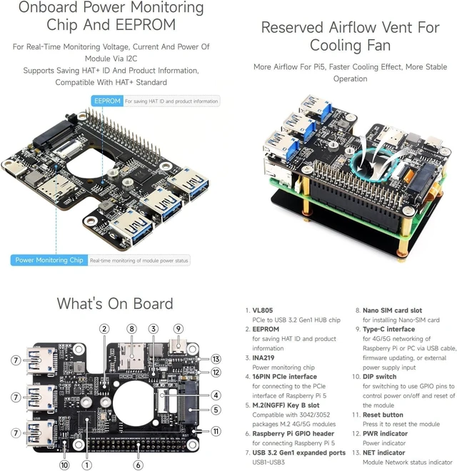 Alt view image 7 of 7 - PCIe to M.2 4G/5G and USB 3.2 HAT+ for Raspberry Pi 5, Compatible with SIMCom/Quectel 4G/5G Modules, Includes 5G-4IN1-PCB Antenna, High-speed Networking