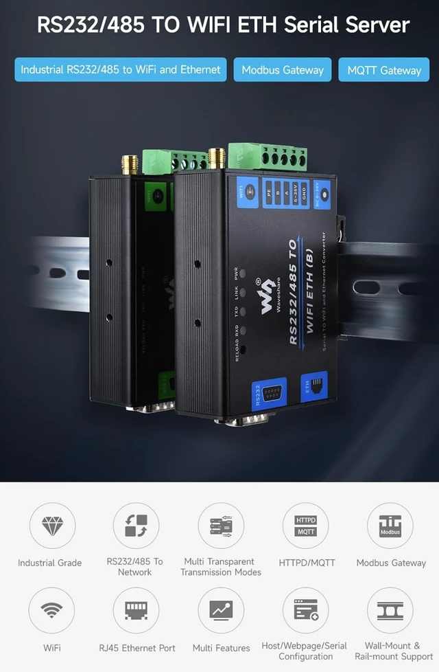 Alt view image 2 of 7 - Industrial Grade Serial Server RS232/485 to WiFi and Ethernet Modbus Gateway MQTT Gateway Metal Case with RJ45 Network Port with PoE Support