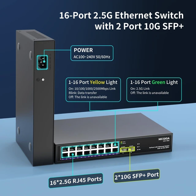 Alt view image 2 of 7 - 16 Port 2.5G + 2 Port 10G SFP+ Ethernet Switch, NICGIGA 18 Port 2.5Gb Network Switch Unmanaged, Plug & Play, Desktop or 19-inch Rack Mount, Fanless Metal Design.