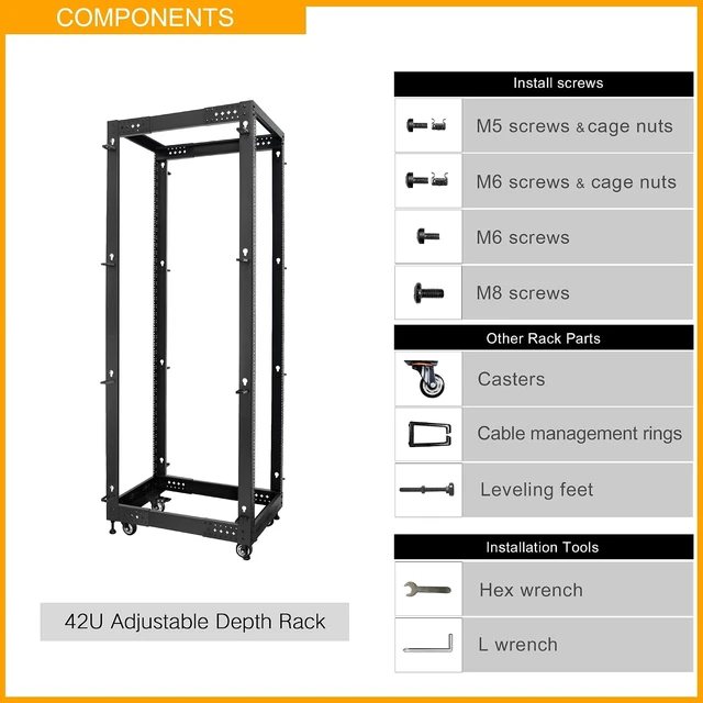 Alt view image 5 of 6 - RIVECO 19 Adjustable Depth 42U Server Rack 4 Post Rack with Load-Bearing Casters Support Up to 1700LBS for Networking Equipment Black