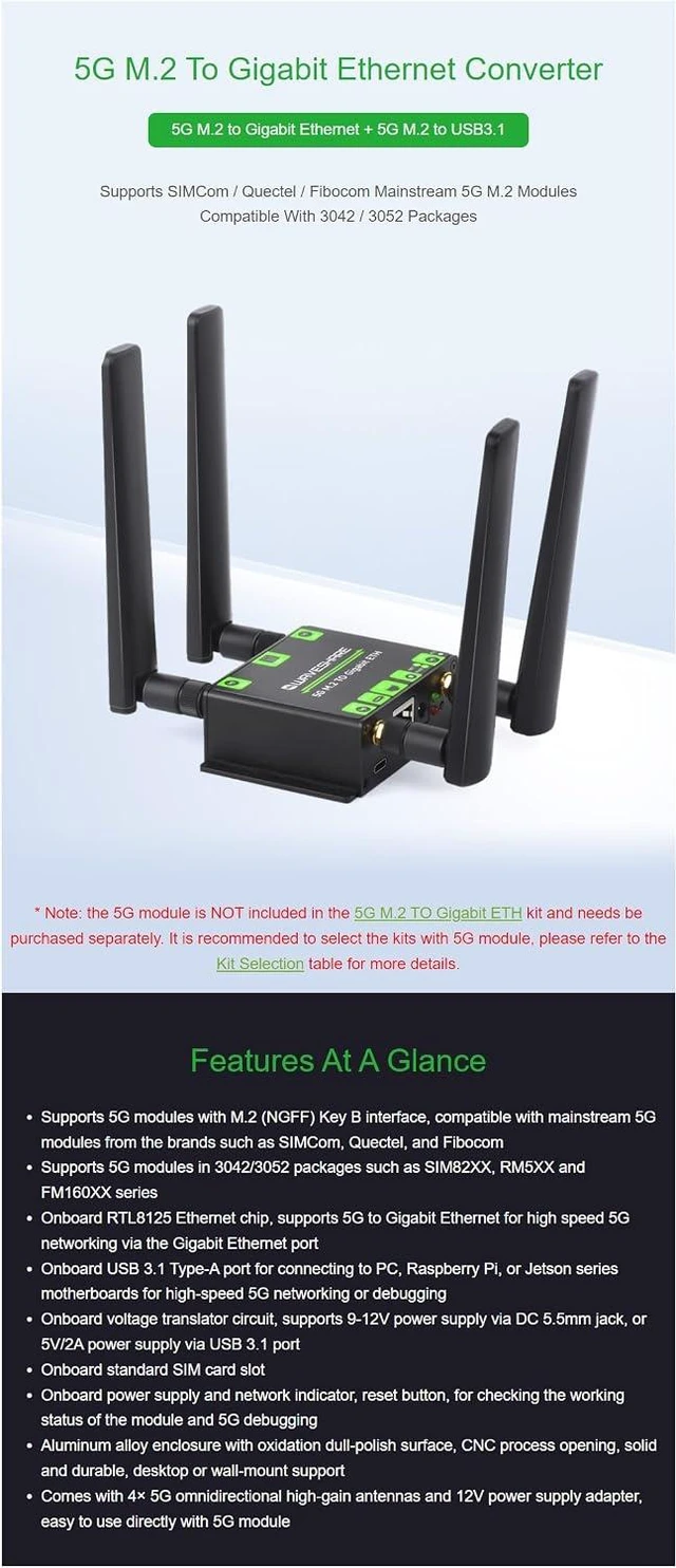 Alt view image 3 of 7 - 5G M.2 to Gigabit ETH Converter 5G M.2 to USB3.1 Aluminum Alloy Case Quad Antennas Supports 5G modules with M.2 (NGFF) Key B Interface Wall-Mount Support