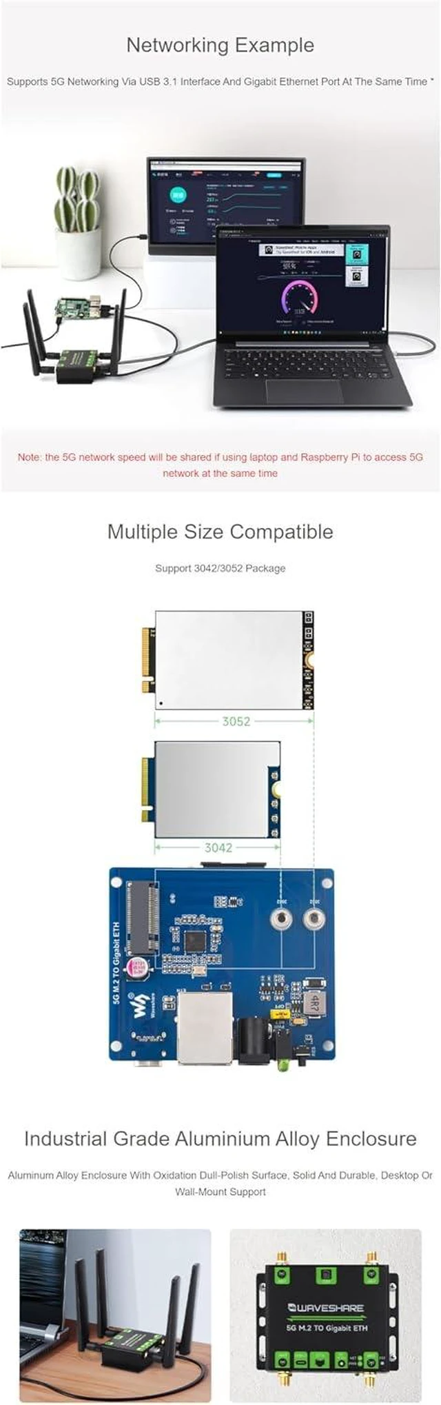 Alt view image 5 of 7 - 5G M.2 to Gigabit ETH Converter 5G M.2 to USB3.1 Aluminum Alloy Case Quad Antennas Supports 5G modules with M.2 (NGFF) Key B Interface Wall-Mount Support