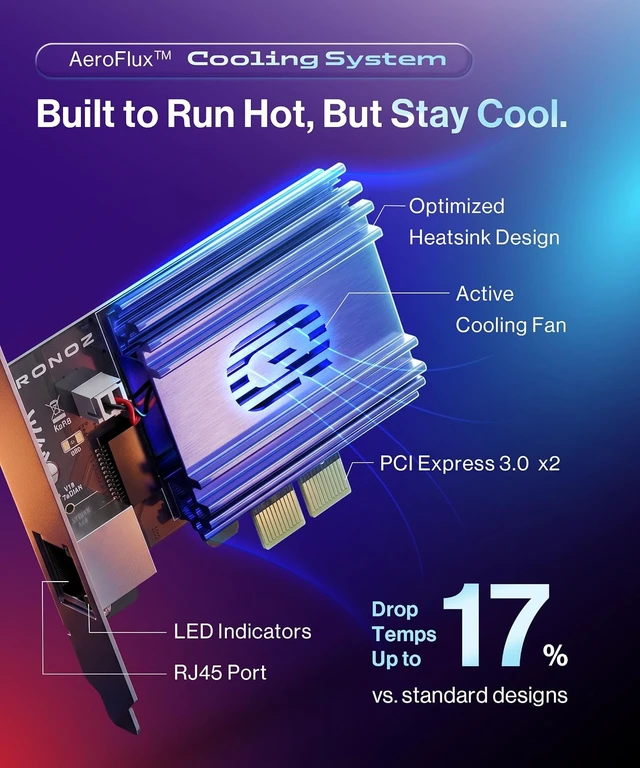 Alt view image 2 of 7 - 10Gb PCIe Network Card with Active Cooling Fan, NIC Adapter for PC