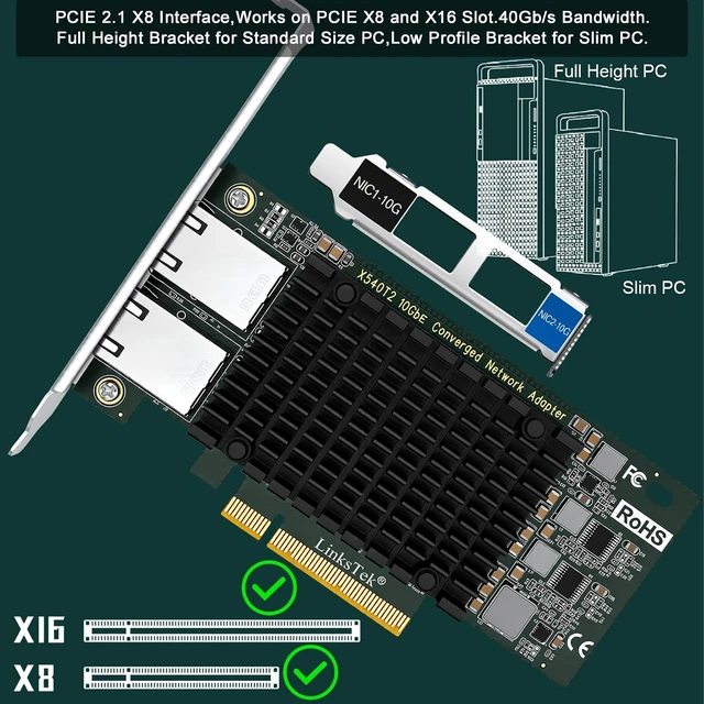 Alt view image 7 of 7 - Dual 10GbE RJ45 Ports Converged Ethernet Adapter for Servers and Desktop PCs. Intel X540AT2 10Gb/s Ethernet Controller, PCIE x8 to 2X 10Gb/s RJ45 Ports NIC Card, for Storage & Gaming (X540T2)