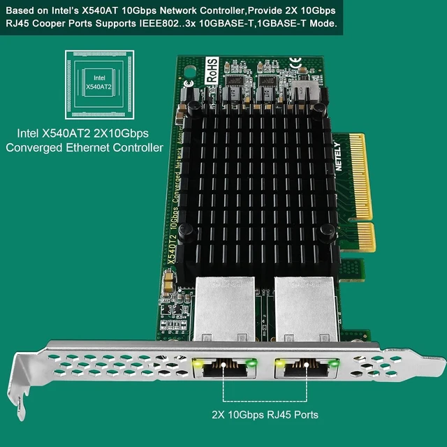 Alt view image 2 of 7 - NETELY PCIE X8 to 2X 10GbE NIC Card, 2X 10Gbps RJ45 Ports, PCIE X8 Lane, Intel X540-AT2 Converged Ethernet Controller, 10GbE PCIE Network Adapter for Windows and Linux Desktop PCs (X540T2)