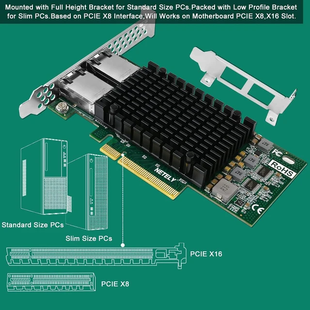 Alt view image 6 of 7 - NETELY PCIE X8 to 2X 10GbE NIC Card, 2X 10Gbps RJ45 Ports, PCIE X8 Lane, Intel X540-AT2 Converged Ethernet Controller, 10GbE PCIE Network Adapter for Windows and Linux Desktop PCs (X540T2)