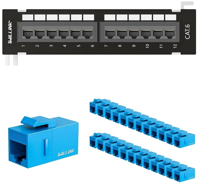 Main image of 12 Port Patch Panel, Mini 12 Port Vertical Cat6 Patch Panel with Wallmount Bracket Included and 89D Bracket, 568A/B Compatible and RJ45 Cat6 Keystone Coupler 25-Pack