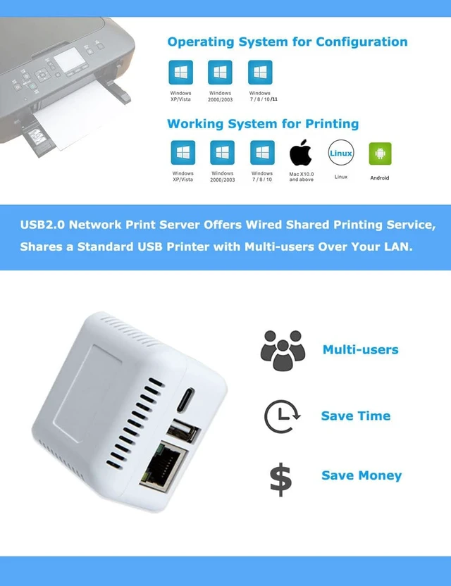 Alt view image 2 of 7 - 1-Port Network Print Server RJ45 for Your USB Printer